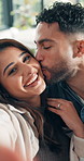 Home, selfie and couple with love, kissing and bonding together with relationship. Apartment, woman and man with profile picture, streaming online and marriage with romance, memory and photography 