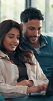 Happy, couple and people with laptop, home and upload with app on social media and content creation. Laughing, man and woman with tech for first video, bonding and proud of submission on website