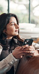 Thinking, home and woman with smartphone, typing and communication with online dating. Happy, connection and person with cellphone, internet and app for texting, website info and email notification