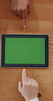 Business people, hands and pointing at tablet with green screen for advertising, support or synergy. Above, employees and team gesture to technology for mockup space, digital marketing and promotion.