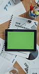 Tablet, green screen and above for performance with finance report, budget charts or profit growth in office. Tech, portfolio and documents for revenue, results or company progress for audit proposal