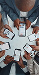 Hands, above or business people in circle with phone screen, economy research or scroll news in office. Digital, tech or journalist in newsroom with huddle, press or collaboration for article update.