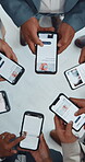 Hands, top view or business people in circle with phone screen, economy research or scroll news in office. Digital, tech or journalist in agency with huddle, press or collaboration for article update