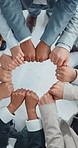 Hands, business and people with fist bump in office for teamwork, motivation and staff support. Above, employees or circle with applause, solidarity and synergy for celebration of collaboration goals