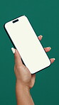 Phone screen, blank or woman in studio with hand, chat or connectivity on social media. Display, digital or girl on green background holding tech, internet search or subscription on entertainment app