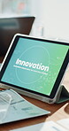 Empty, office and paperwork for innovation, tablet screen and financial report for business meeting. Corporate, tech and documents for investment proposal, info and online for presentation on desk