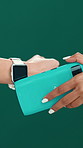 Hands, smart watch and pos in studio for payment, deal or fintech app for tap on green background. People, iot and machine with mockup space, easy transaction or financial freedom with discount sale