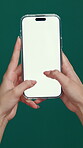 Phone screen, hands or woman in studio with scroll, online shopping or gift search on internet. Digital, blank or female person on green background with tech, display or product check on retail site.