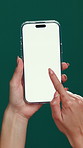Phone screen, hands or woman in studio with click, choice or connectivity on social media. Display, blank or female person on green background with mobile, communication or pick on entertainment site