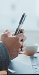Hands, business and person with phone in office for research, finance report and contact investor. Employee, mobile and typing for budget review, proposal feedback and email for financial information