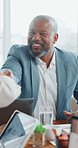 Office, business man and handshake with meeting for management, welcome and discussion. Tech, employees and mature logistics manager with feedback for project deal, report or team collaboration