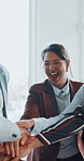 Woman, stack hands and team at office with motivation, celebration or goal at finance company. Business people, pile and applause with smile, support or achievement with success for project at agency