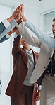 Business people, high five and team at office with motivation, celebration or goal at finance company. Men, women and applause with group, support or achievement with success for project at agency