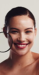 Skincare, face or woman in studio with magnifier, detail or acne check in beauty inspection. Smile, cosmetology or girl on white background with magnifying glass, analyze or search for blackhead.