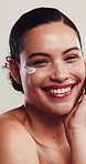 Face, woman and cream for skincare for beauty, natural dermatology and sunscreen product. Lotion, cosmetics and happy model with moisturizer for hydration, portrait and white background in studio