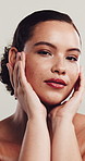 Face, woman and proud for skincare in studio with beauty, healthy skin and shine of smooth textures. Portrait, person and cosmetics of facial hydration, natural glow and self care on white background