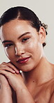 Skincare, face or girl in studio with hand hold, facial glow or shine in cosmetology. Closeup, portrait and woman on white background with confidence, grooming and smooth skin in beauty results.