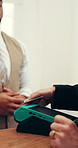 Man, hands and pos machine with credit card in hotel for wireless transaction, payment or stay. Male person, concierge or tap to purchase with debit for customer service, accommodation or check in