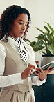 Hotel manager, woman or scroll at front desk with tablet for guest reservation, online booking or request. Hospitality, person or tech in lodge for client review, digital concierge or staff schedule.
