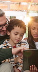 Home, kids and parents with tablet, help and bonding together with lens flare, online game and app. Apartment, mother or father with children, siblings or tech with ebook, watching movies or family