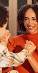Happy, mother and dancing with child at house for fun, holiday celebration and bonding together. Smile, family and grandfather with kid, moving rhythm and thanksgiving tradition for festive gathering