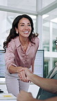 Happy, woman and handshake with client, boardroom and applause for presentation, success and meeting. Business, people and shaking hands for achievement, presenter and clapping for pitch in office