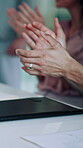 Applause, success and hands of business people in meeting for celebration, project approval and bonus. Teamwork, achievement and collaboration with employees clapping in office for winner and praise