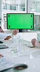 Green screen, computer and hands of business people in office with meeting for budget planning. Technology, space and team of financial advisors with investment proposal in collaboration in workplace