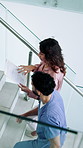 Top view, medical team and walking in hospital, planning or review healthcare records on stairs. People, nurse and clinic manager with document above for discussion, test results and insurance info