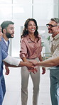 Woman, doctors and hands stack with team celebration, applause and excited for goals at hospital. People, nurse and medical staff with support, success and motivation with achievement at clinic