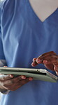 Hands, medical and tablet with nurse in hospital for insurance, planning or research closeup. App, development and healthcare with medicine professional in clinic for agenda, calendar or schedule