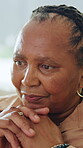 Memory, reflection and thinking with senior black woman in home for contemplation or recollection. Nostalgia, remember and wonder with thoughtful old person in apartment for retirement or wellness