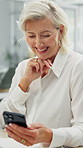 Thinking, phone and mature business woman in office for reading good news, financial email or text. Mobile, smile and consultant in workplace with insight for investment report, feedback and update
