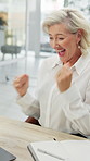 Business, happy woman and cheer in office with laptop for good news, success or project milestone. Excited, mature person and celebration in workplace with computer, achievement or performance bonus.