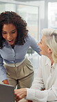Success, team and laptop with business people in office for achievement, deal closer and support. Celebration, announcement and online account profit with women in agency for partnership bonus