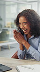 Success, laptop and smile with business woman in office for achievement, deal closer and news. Celebration, announcement and account profit with female person in agency for online bonus and pride 