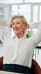Business, relax and woman in office, smile and completed assignment with laptop. Mature person, professional and employee in workplace, finished task and happiness with break, resting and satisfied