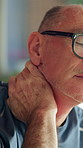Neck pain, fitness and senior man in home with injury, muscle strain and discomfort for workout. Retirement, house and mature person with massage for recovery, wellness or health for exercise mistake