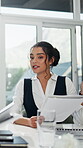 Documents, speaker and meeting with business woman in office for planning, research and account manager. Portfolio feedback, paperwork and discussion with employees in agency for brainstorming