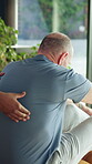 Hands, senior man and physiotherapy at house for back injury, spine assessment and healing. Physiotherapist, helping and elderly person for mobility recovery, assistance and rehabilitation wellness