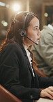 Call center, research and computer with business woman in office for communication, contact us and night. Virtual advisor, discussion and customer service with person or agent for overtime help desk
