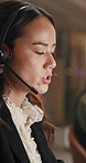 Talking, customer service or woman with headset in contact center, online communication or night help desk. Speaking, troubleshooting and virtual agent with tech support, late and client advice.