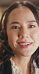 Headset, face or woman in office with smile, contact us or communication in customer service. Portrait, telecom or consultant in agency with tech, virtual advisory or support in client assistance.