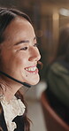 Speaking, customer service or woman with headset in contact center, online communication or night help desk. Talking, troubleshooting and virtual agent with tech support, bokeh and late client advice