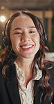 Call center, woman and face with headset for talking, customer support or help desk advice. Happy agent, pov and person speaking for virtual assistance, video conference or communication service