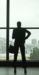 Back, silhouette or business woman by window for real estate, vision or city view. Walk, reflection or planning with professional insight for property development, solution or think of idea in office