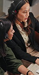 Call center, women and team with help for support, customer care or question and advice. Above colleagues, technology and people talking for professional task, contact us or communication service