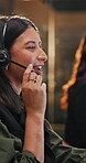 Call center, headset and talking with business woman in office for communication, contact us and night. Virtual advisor, discussion and customer service with person or agent for overtime help desk
