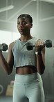 Black woman, thinking and weights in gym for fitness, weightlifting and breathing exercise. Serious person, dumbbells and training at facility for arm workout, cardio and muscle growth for strength