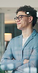 Thinking, business and man with arms crossed, view and solution with confidence. Consultant, pride and employee in office, glasses and positive mindset with career ambition, problem solving and ideas